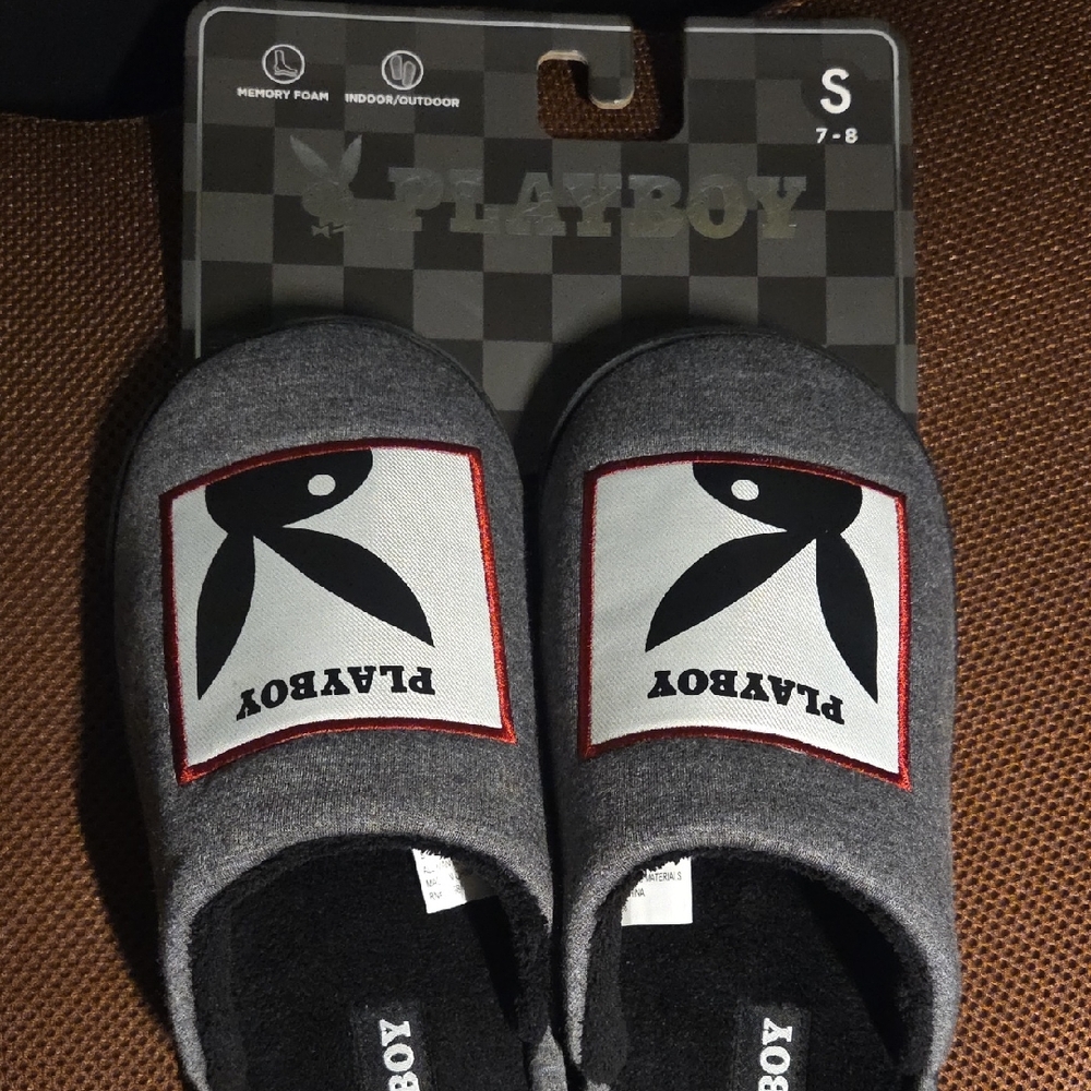 PLAYBOY Gray Slip-On Slippers with Red-Trim Logo Patch